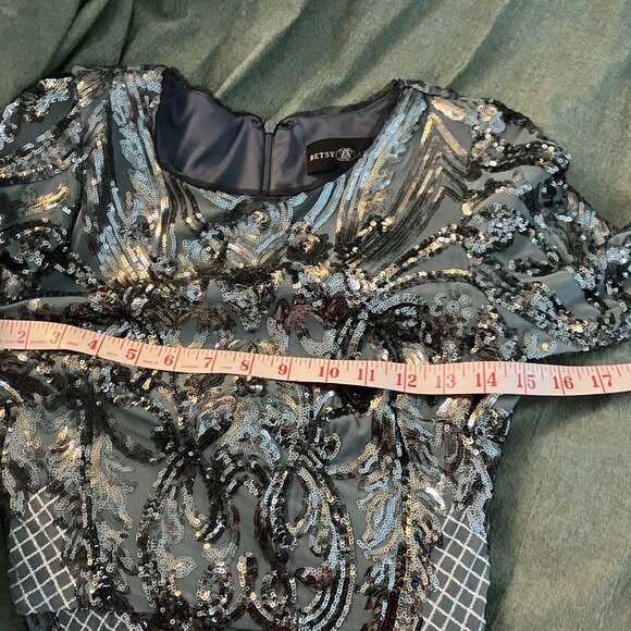 Betsy & Adam Sequin Bodycon Cocktail Dress Womens 6 Blue Gunmetal Silver Holiday - Picture 9 of 13